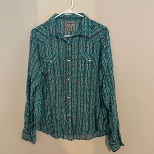 Wrangler Teal Western Aztec Pearl Snap Button Shirt Size XL